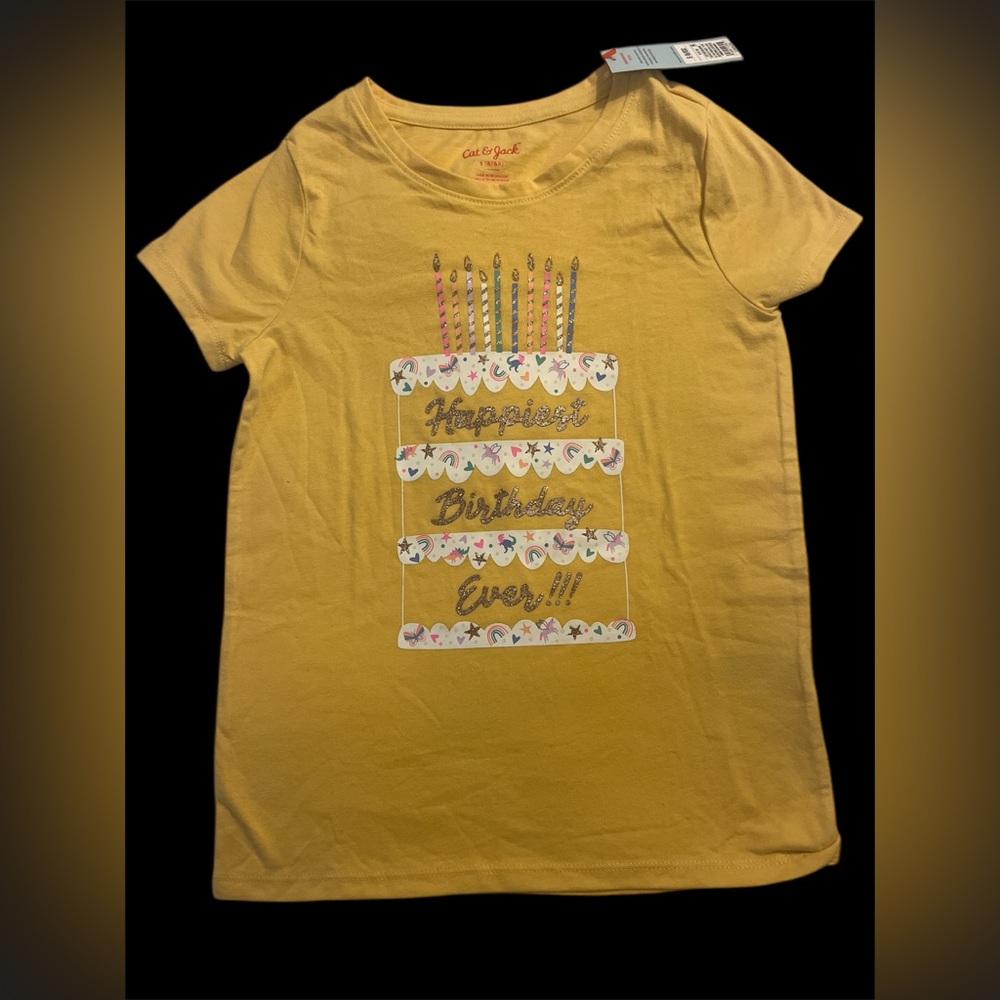 Cat & Jack Yellow Short Sleeve Tee with Sparkly  Happy Birthday Design